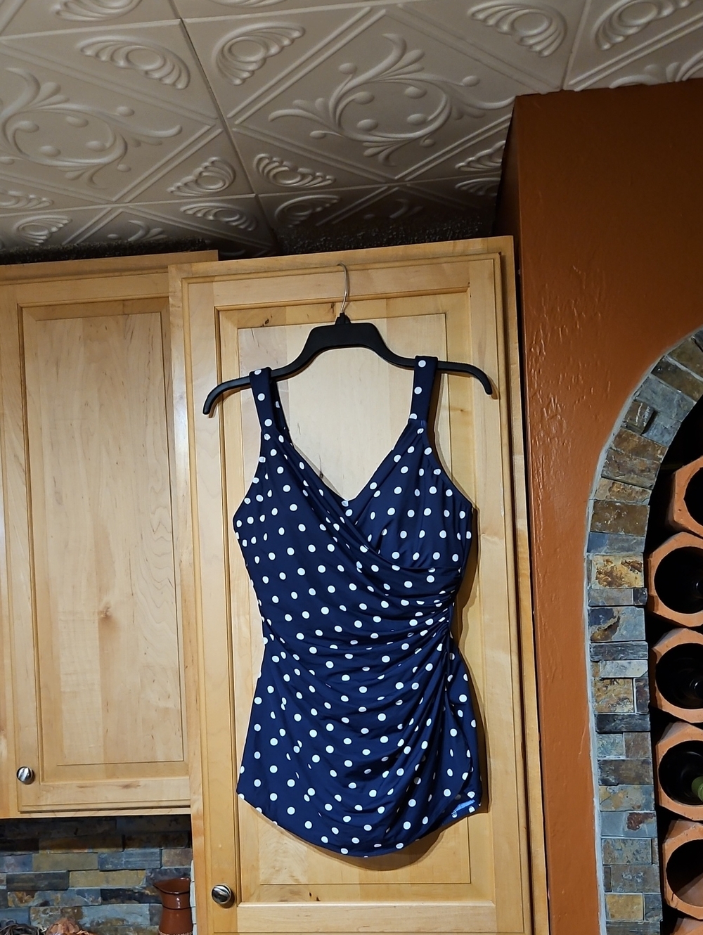 Lands' End Navy Blue White Polka Dot Print One Piece Swimsuit Wirefree Padded